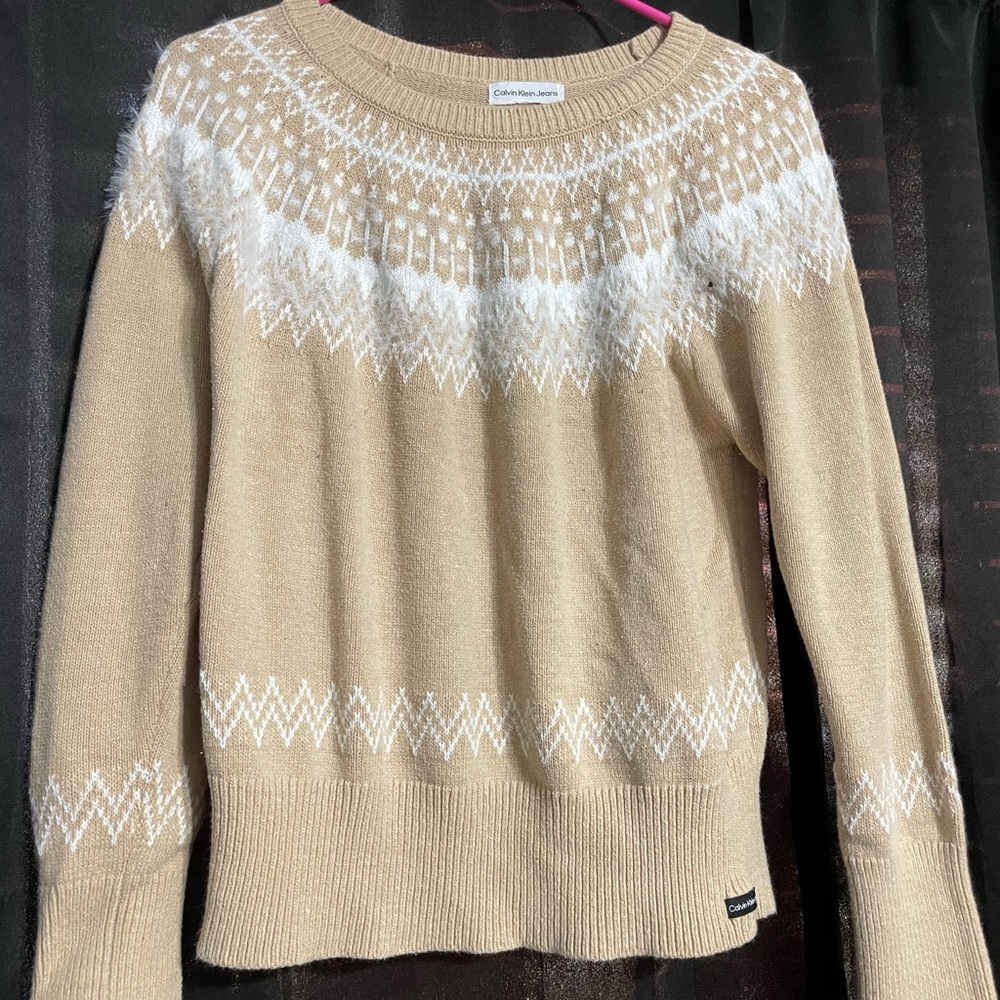 Calvin Klein Tan and White Crew Neck Sweater